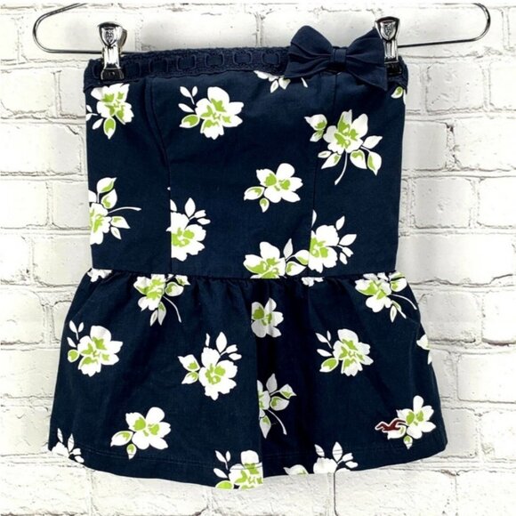 Y2K Hollister Babydoll Peplum Top XS Navy Blue Floral Print Bow Trim Smocked - Picture 1 of 6